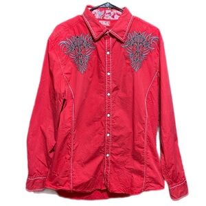 Red Ranch Western Shirt Long Sleeve Embroidered Rodeo Bull Riding Snap Buttons L